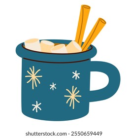 Cacau com marshmallow na xícara. Bebida de inverno, chocolate quente na caneca de Natal. Cacau doce quente Xmas, bebida de chocolate com doces gostosos e vapor. Ilustração de vetor plano isolada no plano de fundo branco