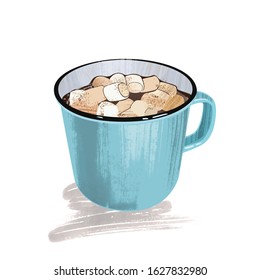 Cocoa with marshmallow. Decorative vector illustration mug with hot chocolate. Christmas greeting card design element. Isolated vector illustration on white background.