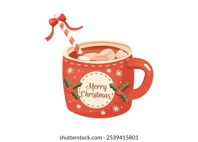 Cocoa and marshmallow mug, cartoon style, Christmas. Cozy vector