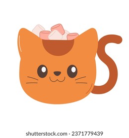 A cocoa and marshmallow mug in the shape of a cat. Cosy drink.