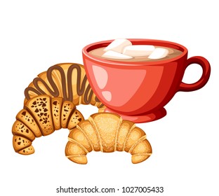 Cocoa with marshmallow in red cup with set of croissant different fillings cream chocolate and sesame on top vector illustration isolated on white background.