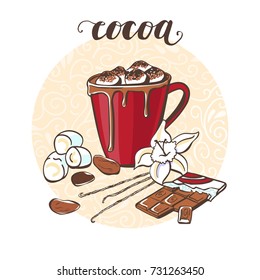 Cocoa with marshmallow. Vector illustration with hot drink and its ingredients in circle composition and handwriting. Hand drawn doodle cup with beverage for recipe card, poster or menu design