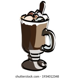 Cocoa with marshmallows. In a glass mug. Hot chocolate. Vector illustration.
