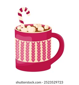 Cocoa with marshmallows, hot chocolate with marshmallows, caramel in red cup. Cozy winter drink. Vector illustration on a white background.