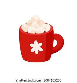 Cocoa with marshmallows in a red cup. Christmas hot chocolate cup. Cartoon new year drink. Isolated on white background. Cute vector illustration