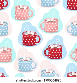 Cocoa mug seamless pattern, mugs of different colors in white polka dots with cocoa and marshmallows, vector print in flat style.
