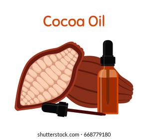 Cocoa natural oil. Essential oil, cosmetics, spa, aromatherapy. Liquid in a bottle. Made in cartoon flat style