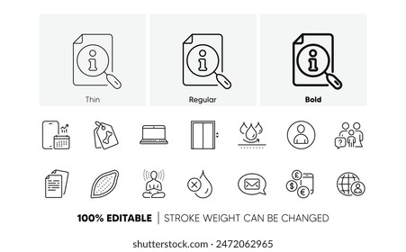 Kakaonuss-, Lift- und Pet-Tags-Linien-Symbole. Rudel Familienfragen, Suchen, kein wasserdichtes Symbol. Währungskurs, Dokumente, Messenger-Piktogramm. Telefonkalender, wasserdicht, Notebook. Yoga. Vektorgrafik