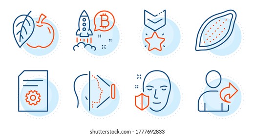 Nuez de cacao, medalla de ganador y carátulas. Consulte el conjunto de iconos de línea de configuración de amigo, Apple y archivo. Protección facial, símbolos de proyecto Bitcoin. Comparte, fruta. Conjunto de negocios. Conjunto de iconos de esquema. Vector