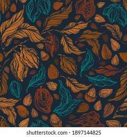 Cocoa and nuts sketch seamless pattern. Vector texture fruit, grain, nature branch with golden leaves. Hand drawn vintage background. Graphic abstract print. Organic chocolate butter