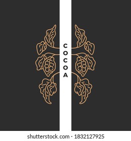 Patrón oriental de cacao. Símbolo de línea de arte vectorial. Árbol de Choco, rama, frijol, fruta cruda. La huella dorada de la naturaleza sobre fondo negro. Etiqueta tropical de época, estilo elegante, marco sencillo