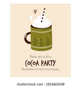 Cocoa party invitation template with decorative cup. Winter time. Vector illustration