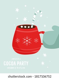 Cocoa party invitation template with decorative cup. Winter time. Vector illustration