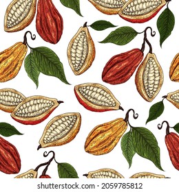 Cocoa pattern. Organic healthy food background. Cocoa beans print. Hand drawn cacao branch with fruits. Great for textie, fabric, banner. Cocoa beans, leaves, seeds, cocoa texture. Superfood cacao.