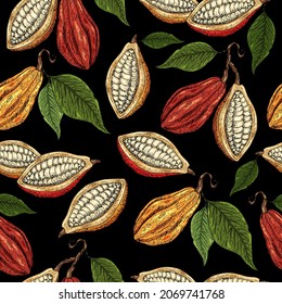 Patrón de cacao. Fondo orgánico de alimentación sana. Impresión de granos de cacao. Rama de cacao dibujada a mano con frutas. Excelente para textil, tela, pancarta. Granos de cacao, hojas, semillas, textura de cacao. Cacao de supercomida.