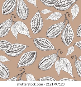 Cocoa pattern. Organic healthy food background. Cocoa beans print. Hand drawn cacao branch with fruits. Great for textie, fabric, banner. Cocoa beans, leaves, seeds, cocoa texture. Superfood cacao.