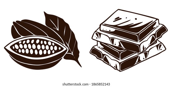 Cocoa plant nad chocolate pieces, vector