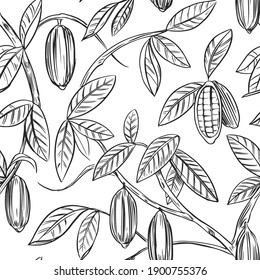 Cocoa Plant Seamless Pattern. Cacao Bean. Vector Illustration
