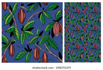 Cocoa plant seamless pattern. Cacao bean. Vector illustration
