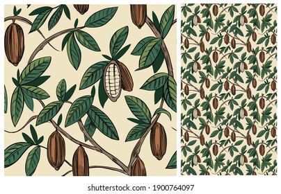 Cocoa plant seamless pattern. Cacao bean. Vector illustration
