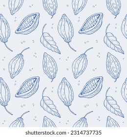 Patrón sin fisuras de la planta de cacao. Ilustración a mano de granos de cacao, hojas, árbol de cacao. Elemento de diseño con motivos florales de fondo repetido. Ornamento para tela, papel, tarjeta, envoltura. Vector