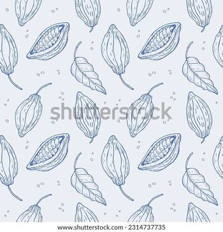 Cocoa plant seamless pattern. Hand drawn illustration of cocoa beans, leaves, cocoa tree. Design element floral motif repeating background. Ornament for fabric, paper, card, wrapping. Vector