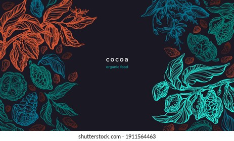 Cocoa plant. Vector graphic background. Sketch branch, texture leaves, bean. Art hand drawn illustration. Organic chocolate, aroma drink, natural butter. Vintage engraved