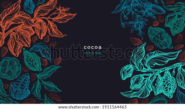 Cocoa plant. Vector\
graphic background. Sketch branch, texture leaves, bean. Art hand\
drawn illustration. Organic chocolate, aroma drink, natural butter.\
Vintage engraved