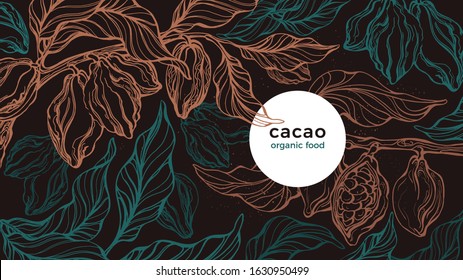 Cocoa plantation. Vector template, nature card. Hand drawn tree, fresh bean, green foliage. Art retro illustration, organic design. Tropical night with moon. Natural chocolate, aroma drink.