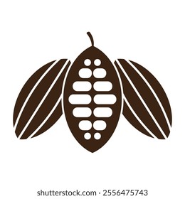Cocoa pod and beans flat silhouette icon isolated on white background. Minimalist dark brown vector symbol for chocolate packaging, organic agriculture, and natural sweet ingredient logo design.