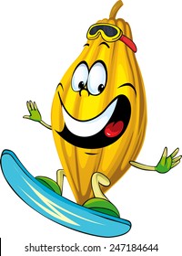 Cocoa pod character surfing isolated on white background 