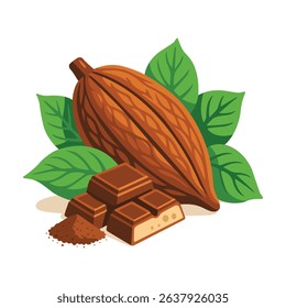 A cocoa pod with green leaves, chocolate bars, and cocoa powder.
