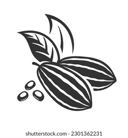 Cocoa pod isolated on white background. Logo template. Cacao beans. Vector illustration