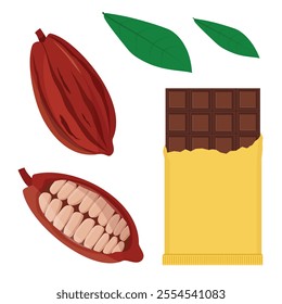 Cocoa pod with leafs, half sliced cacao pod with cacao beans inside and dark chocolate bar and chunk. Logo. Vector illustration