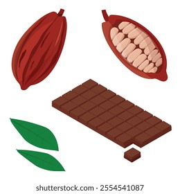 Cocoa pod with leafs, half sliced cacao pod with cacao beans inside and dark chocolate bar and chunk. Logo. Vector illustration