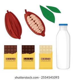 Cocoa pod with leafs, half sliced cacao pod with cacao beans inside, bottle of milk and various chocolate bars. Vector illustration