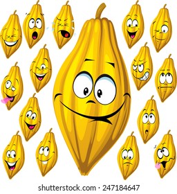 cocoa pod with many facial expressions isolated on white background