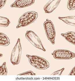 Cocoa pod with seeds vector seamless pattern. Cacao sprout with chocolate beans on pastel background. Organic food, hand drawn exotic plant. Tropical sweets wrapping paper, wallpaper textile design.