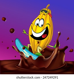 cocoa pod surfing on chocolate splash - vector illustration with violet background