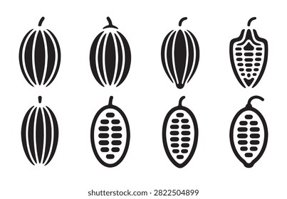 Cocoa pods and beans, ingredient for chocolate. superfood, raw material vector icons set.