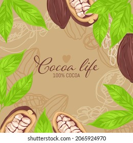 Planilla de diseño de vectores de vectores de vainas, habas y hojas de cacao con dibujos delineados sobre fondo marrón. El concepto de vida del cacao.