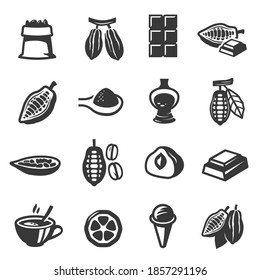 Cocoa pods, beans, seeds bold black silhouette icons set isolated on white. Chocolate dark, hot pictograms, logo collection. Cup, spoon, bag, icecream, beverage vector elements for infographic, web.