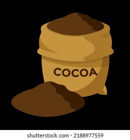 cocoa powder, brown hemp bag or sack opened, pile of food ingredient, vector illustration 