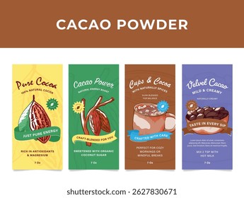 Cocoa powder packaging design template featuring rich flavor and healthy ingredients for an energetic lifestyle