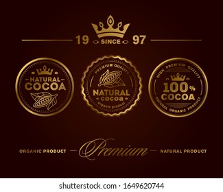 Cocoa Premium Quality Stamp. Vector icon set. High premium quality organic product.