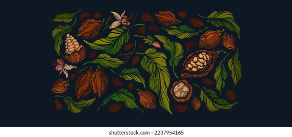 Cocoa print. Dark chocolate. Vector vintage illustration. Tropical aroma fruit, green leaves. Art background