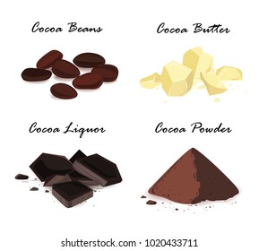 Cocoa products. Cocoa beans, cocoa butter, cocoa liquor and powder. Vector set.