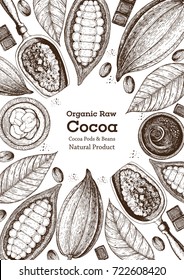 Cocoa products frame vector illustration. Handmade chocolate, super food. Vintage elements with cocoa for design.