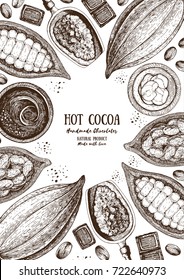 Cocoa products frame vector illustration. Handmade chocolate, super food. Vintage elements with cocoa for design.