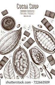 Cocoa products frame vector illustration. Handmade chocolate, super food. Vintage elements with cocoa for design.